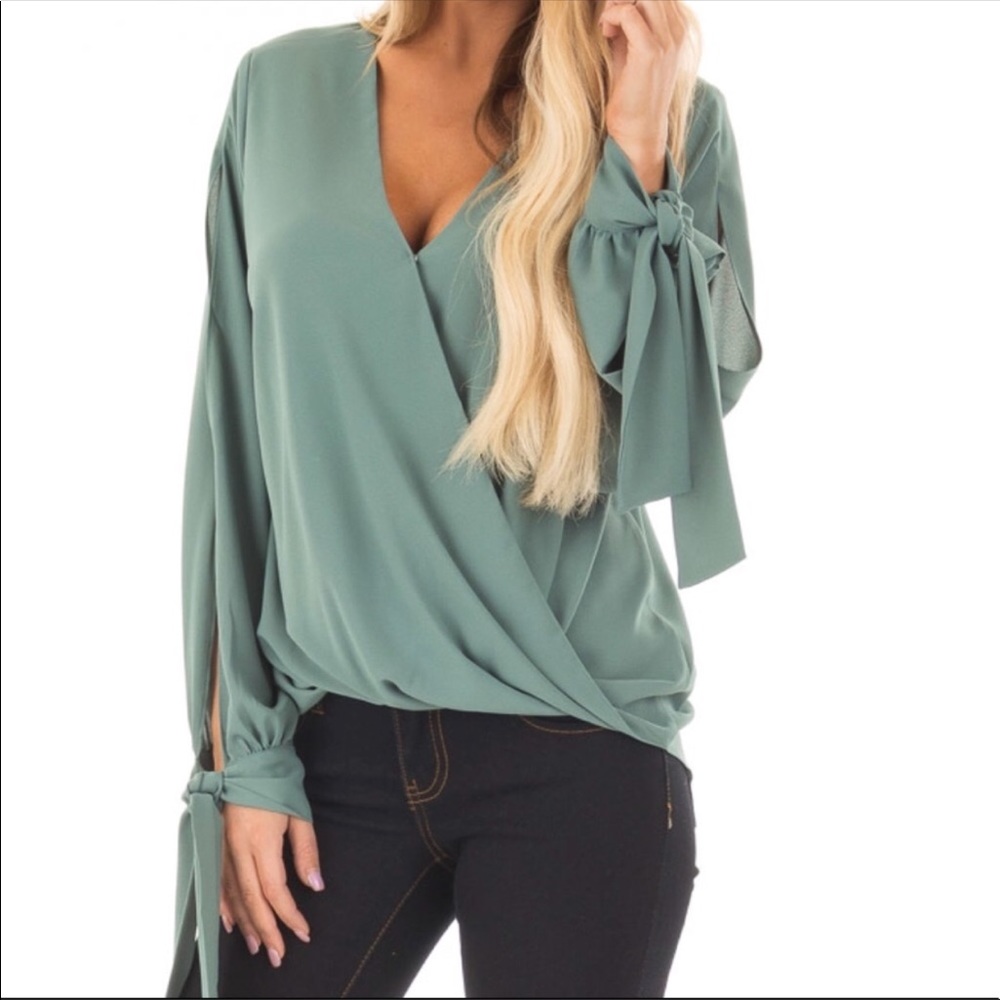 Green Surplice Blouse with Long Sleeve Tie Details